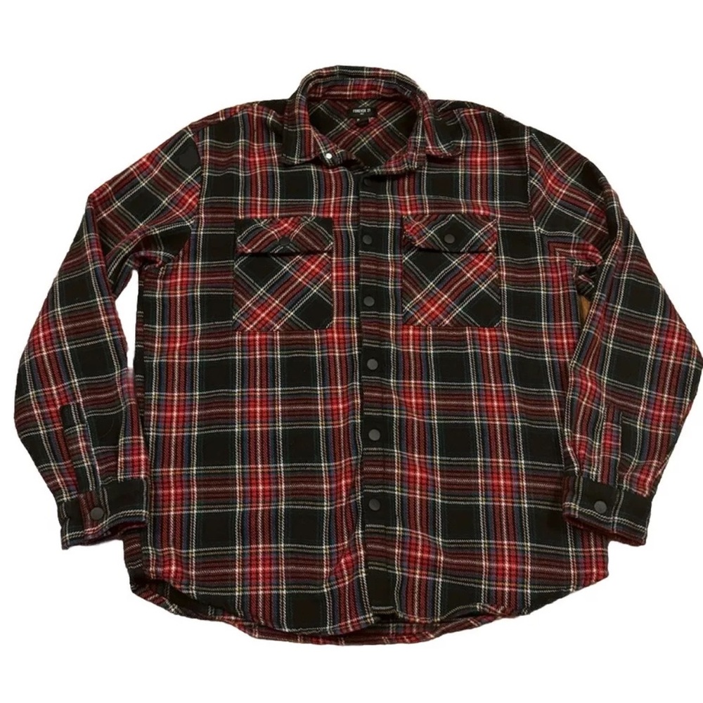 Forever 21 Mens Long Sleeve Plaid Flannel Shirt Large Polyester Cotton red black